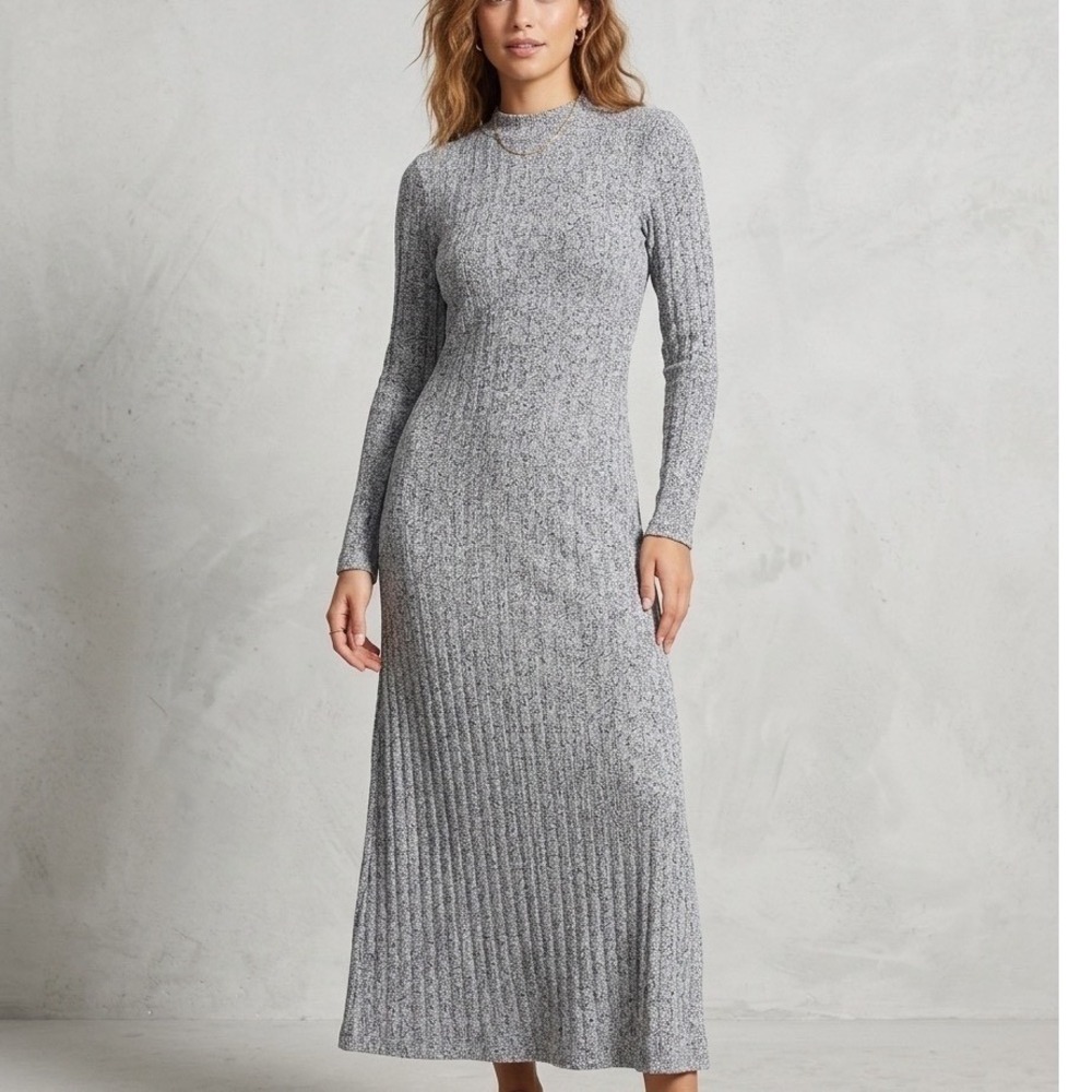 Fall Ribbed Knit Maxi Dress Women S Grey Zara Mock Neck Long Sleeve Minimalist